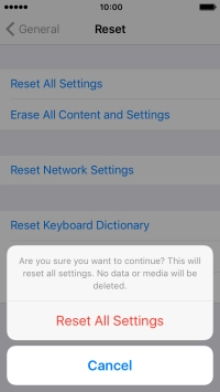 Press Reset All Settings. Wait a moment while the factory default settings are restored. 
Follow the instructions on the screen to set up your phone and prepare it for use.