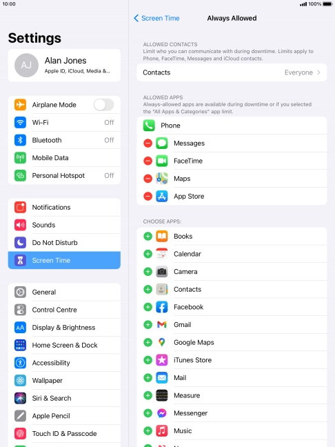 Press the remove icon next to the required app to remove it from the list of allowed apps during Downtime.