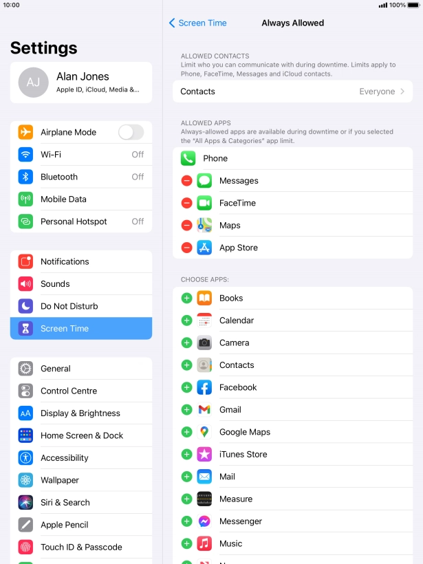 Press the remove icon next to the required app to remove it from the list of allowed apps during Downtime.
