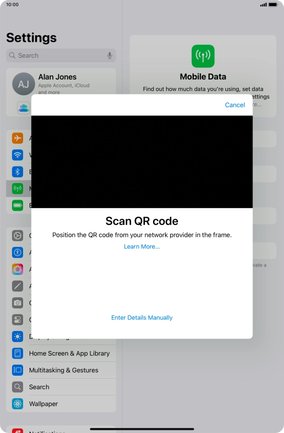 Place the QR code you've received inside the tablet camera frame to scan the code.