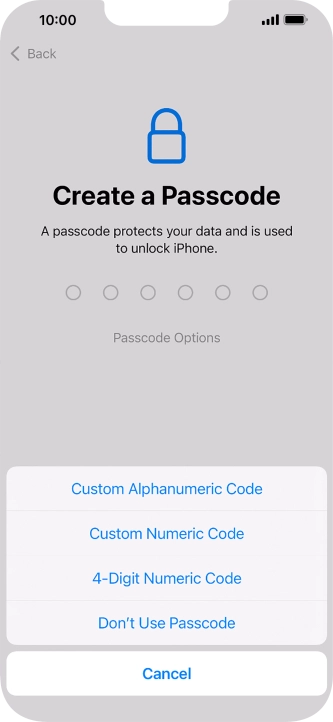 Follow the instructions on the screen to turn on use of phone lock code or press Don't Use Passcode.
