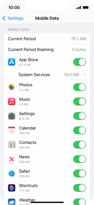 Press the indicators next to the required applications to turn the function on or off.