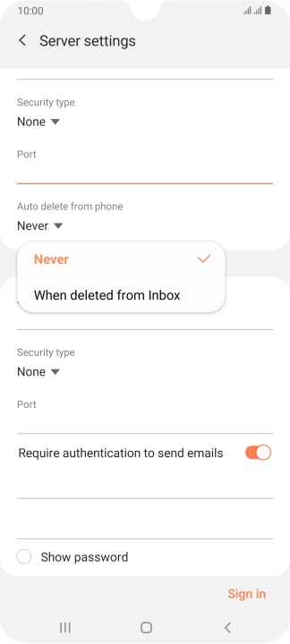 Press Never to keep email messages on the server when you delete them on your phone.