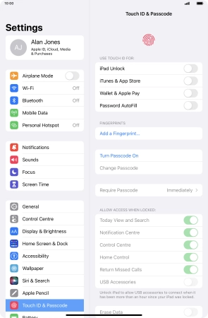 Press Turn Passcode On and key in a lock code of your own choice twice.