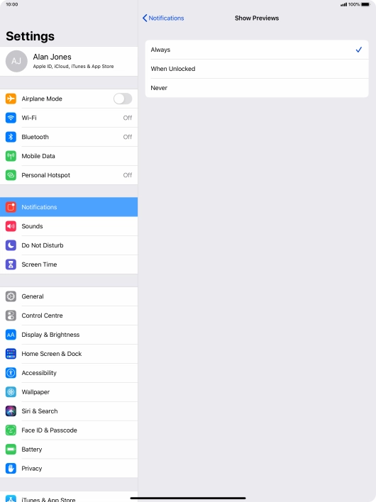 To select notification preview on the lock screen, press Always.