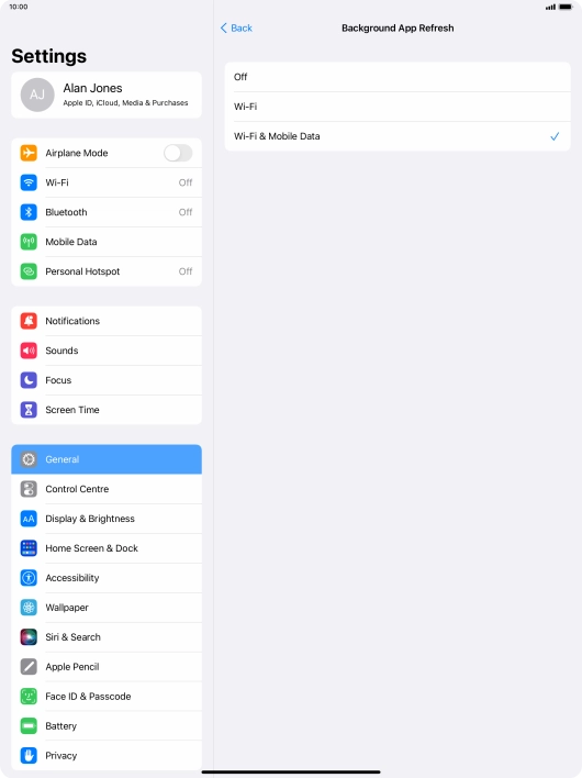 To turn off background refresh of apps, press Off.