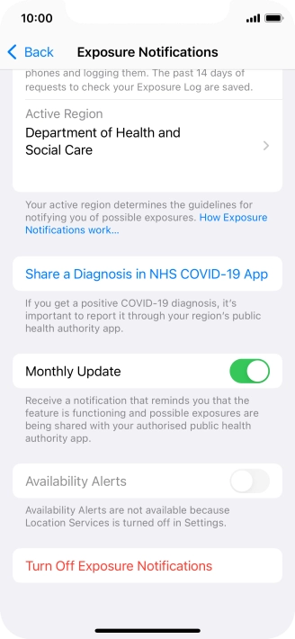 Press Turn Off Exposure Notifications.