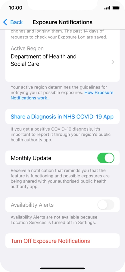 Press Turn Off Exposure Notifications.