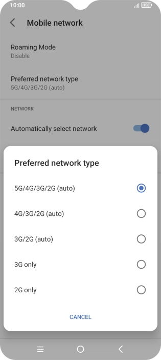 Press the required network mode.