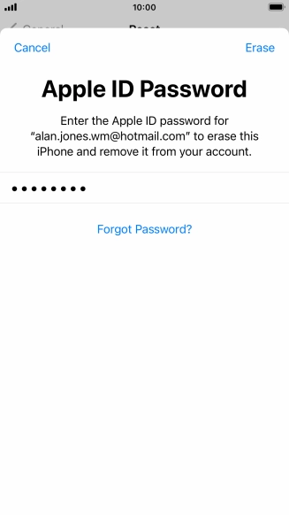 Key in the password for your Apple ID and press Erase. Wait a moment while the factory default settings are restored. Follow the instructions on the screen to set up your phone and prepare it for use.