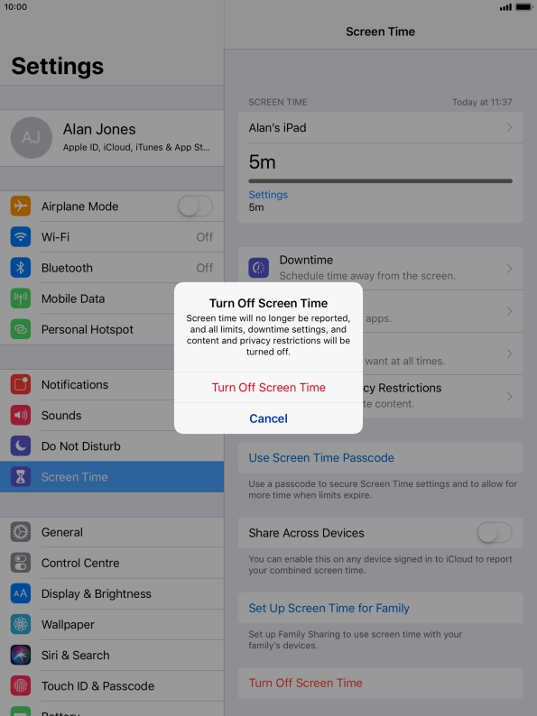 Press Turn Off Screen Time.