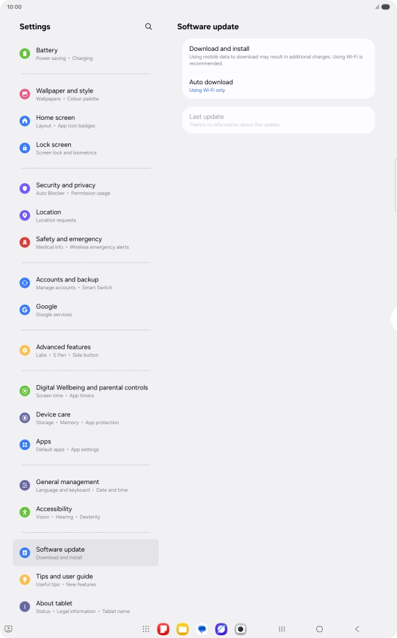 Press Download and install. If a new software version is available, it's displayed. Follow the instructions on the screen to update the tablet software.