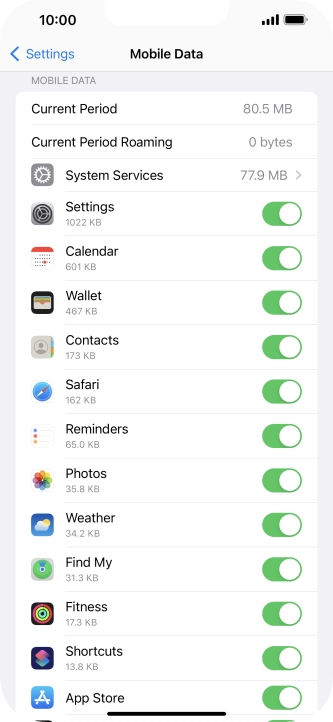 The data usage for each application is displayed below the name of the application.
