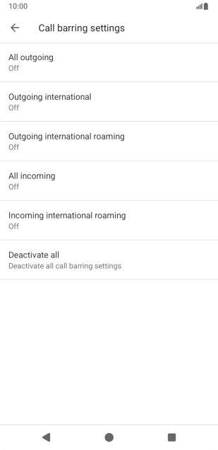 Press the required barring type to turn the function on or off and follow the instructions on the screen.  The default barring password is 0000.
