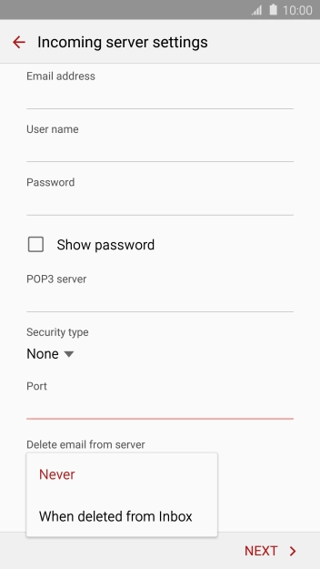 Press Never to keep email messages on the server when you delete them on your phone.