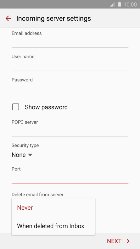 Press Never to keep email messages on the server when you delete them on your phone.