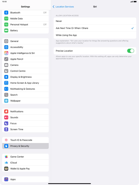 Press the required setting to turn the function on or off.