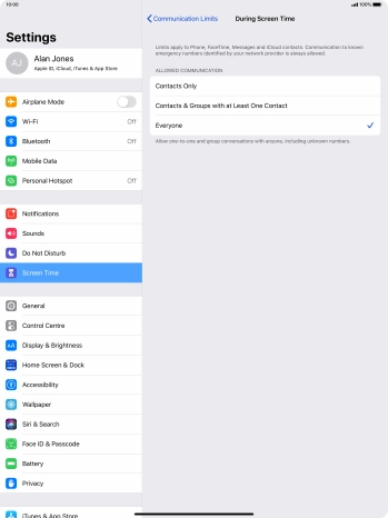 Press the required setting.