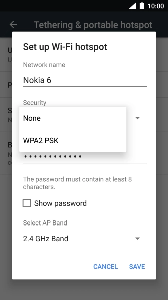 Press WPA2 PSK to password protect your Wi-Fi hotspot.