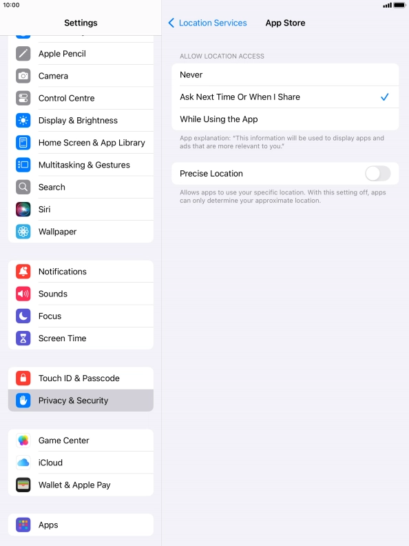 Press the required setting to turn the function on or off.