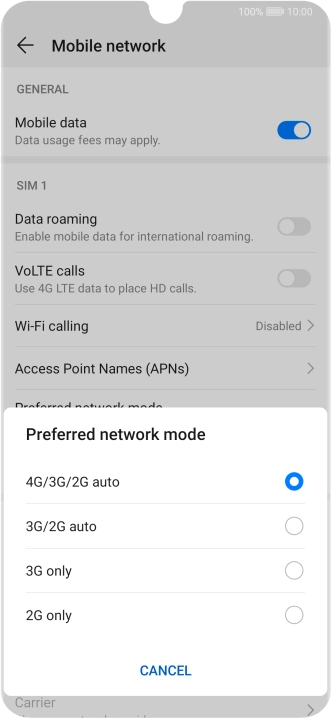Press the required network mode.