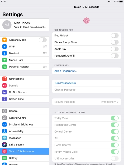 Press Turn Passcode On and key in a lock code of your own choice twice.