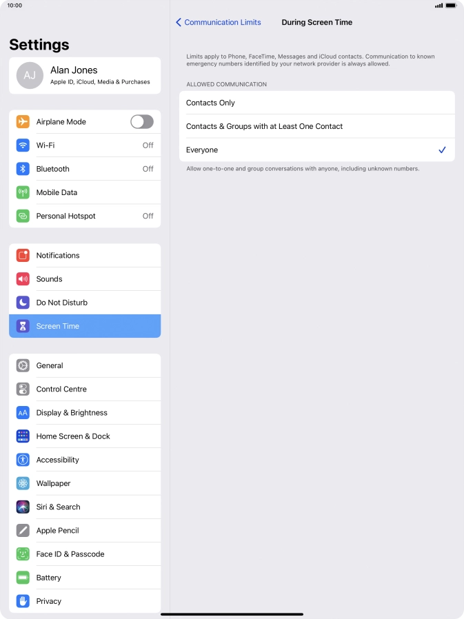 Press the required setting.