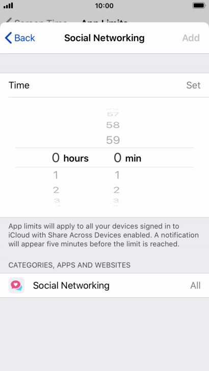 Set the required time limit for use of the selected category.