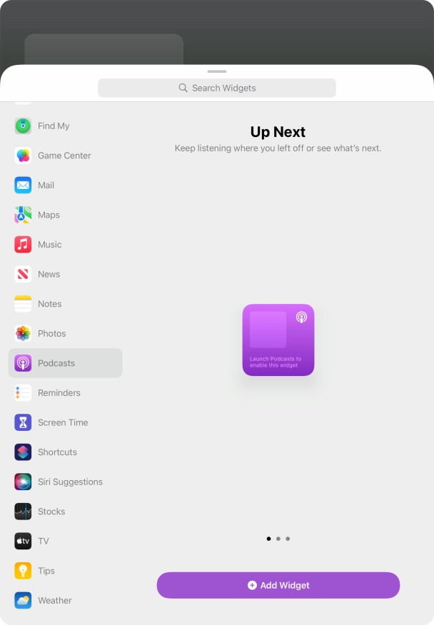 Slide your finger right or left on the screen to select the required widget size.