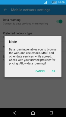 If you turn on data roaming, press OK.