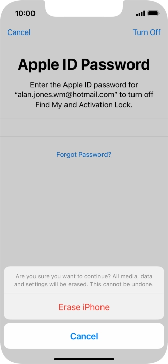 Key in the password for your Apple ID and press Erase iPhone. Wait a moment while the factory default settings are restored. Follow the instructions on the screen to set up your phone and prepare it for use.