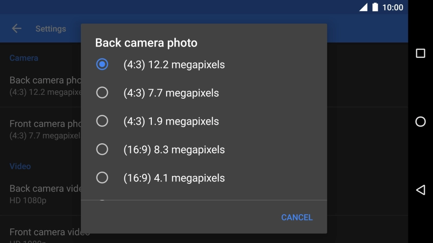 Press the required setting.