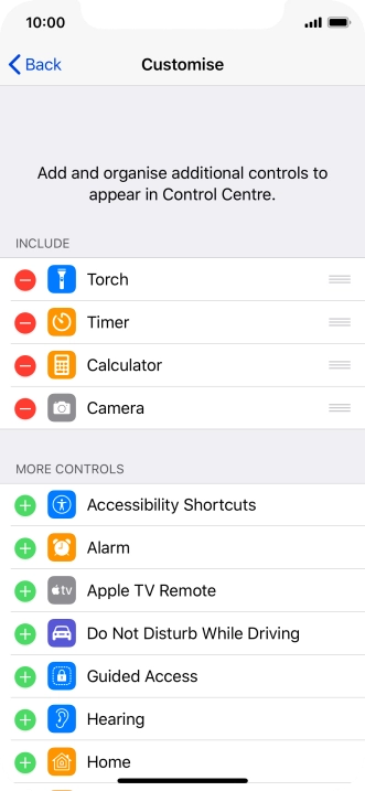 Press the delete icon next to the required function to remove it from Control Centre.