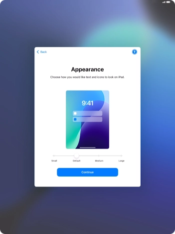 Select the required text and icon size on your tablet and press Continue.