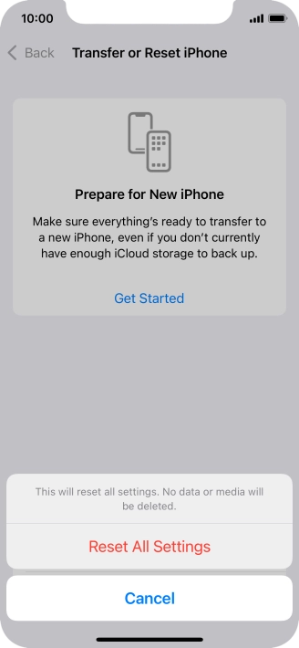 Press Reset All Settings. Wait a moment while the factory default settings are restored. Follow the instructions on the screen to set up your phone and prepare it for use.