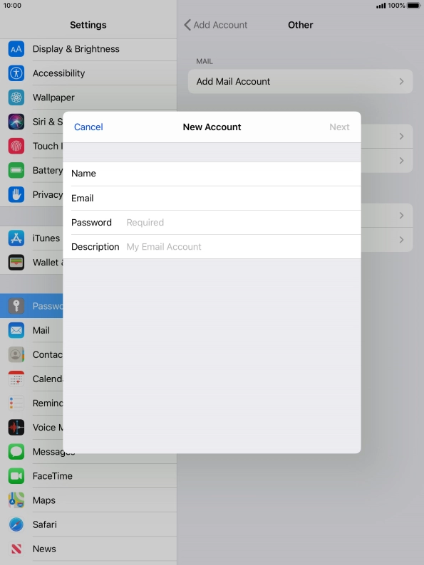 Press Password and key in the password for your email account.