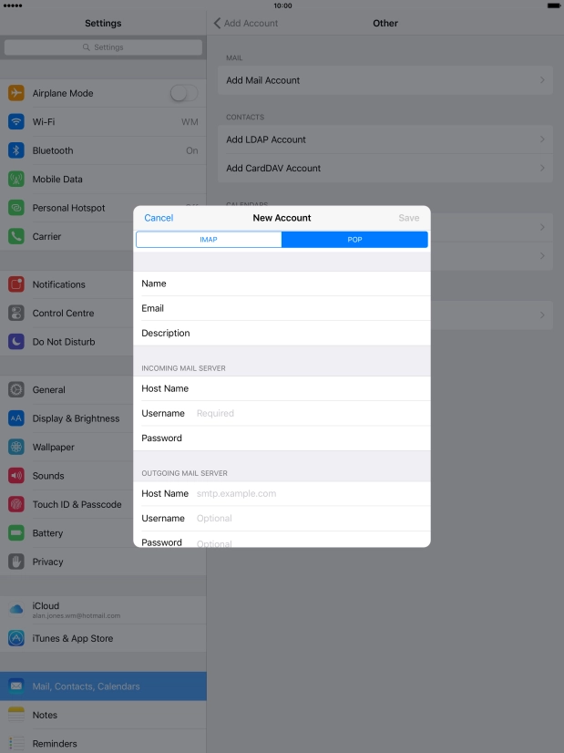 Press Username and key in the username for your email account.