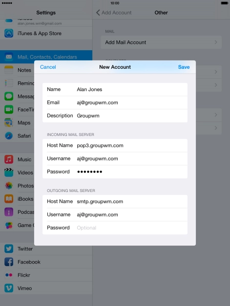 Press Password and key in the password for your email account.