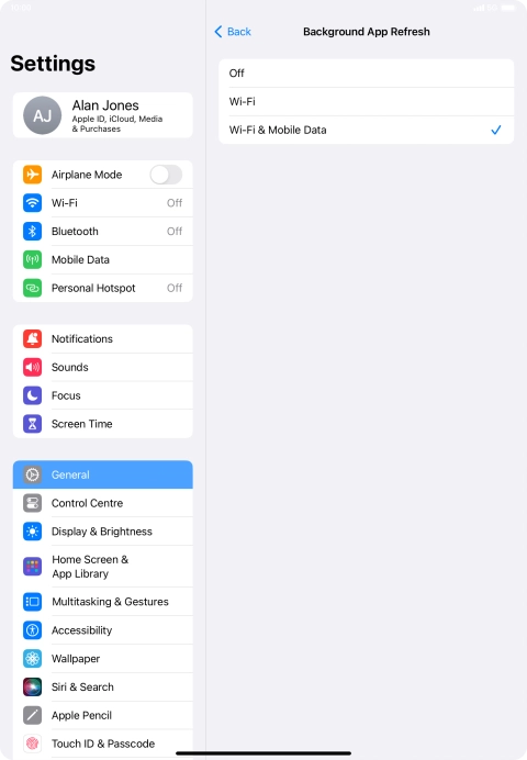 To turn off background refresh of apps, press Off.