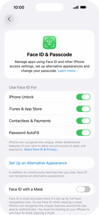 Press the indicators next to the required settings to turn them on or off.
