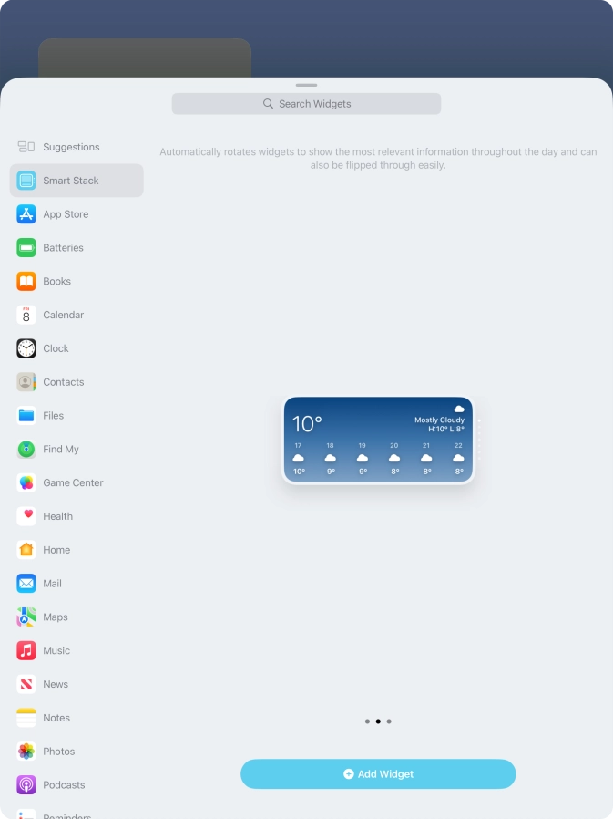 Slide your finger right or left on the screen to select the required widget size.