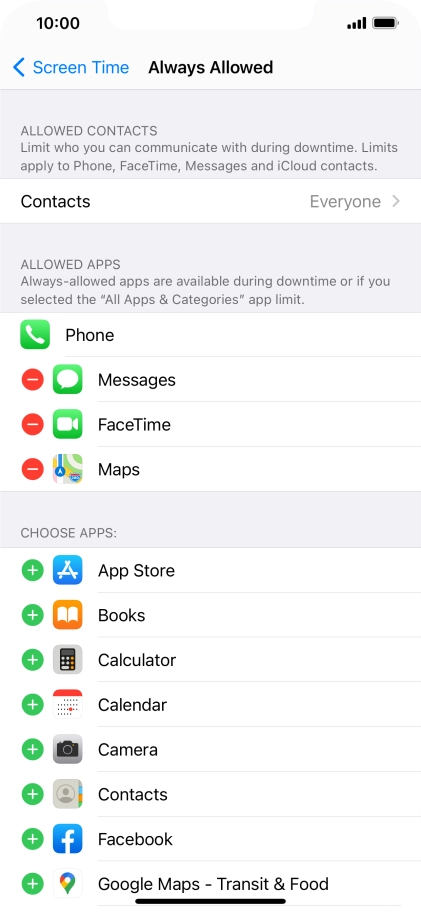 Press the add icon next to the required app to add it to the list of allowed apps during Downtime.