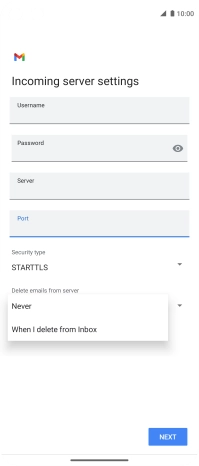 Press Never to keep email messages on the server when you delete them on your phone.