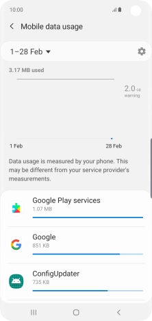The data usage for each application is displayed below the name of the application.