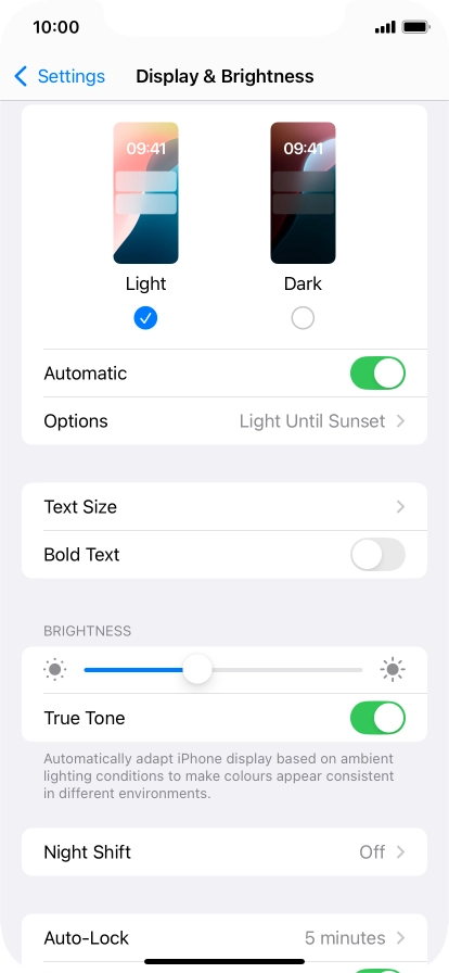 If you turn on the function, press Options and follow the instructions on the screen to select the required period of time for Dark Mode.