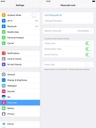 Press Turn Passcode On and key in a lock code of your own choice twice.