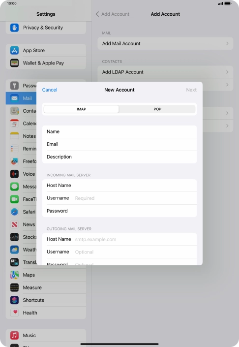 Press Username and key in the username for your email account.