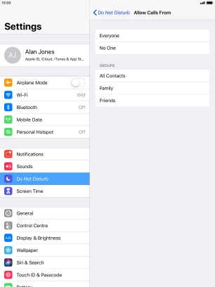 Press the required setting to select which contacts can call you even though Do Not Disturb is turned on.