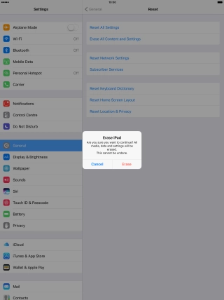Press Erase. Wait a moment while the factory default settings are restored. 
Follow the instructions on the screen to set up your tablet and prepare it for use.