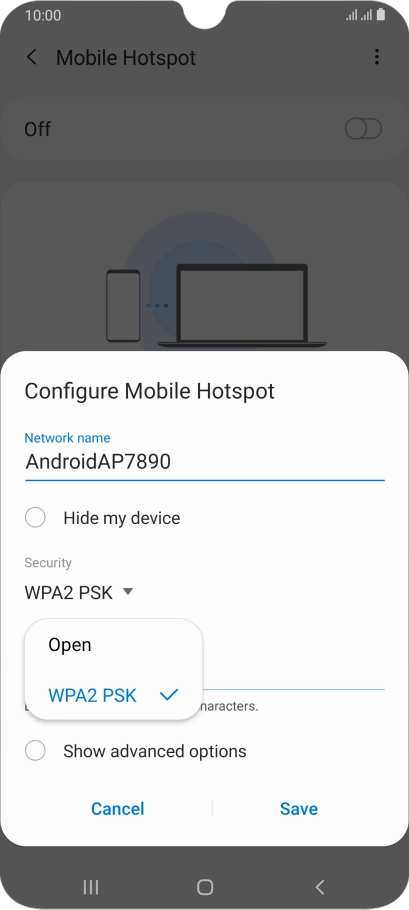 Press WPA2 PSK to password protect your Wi-Fi hotspot.